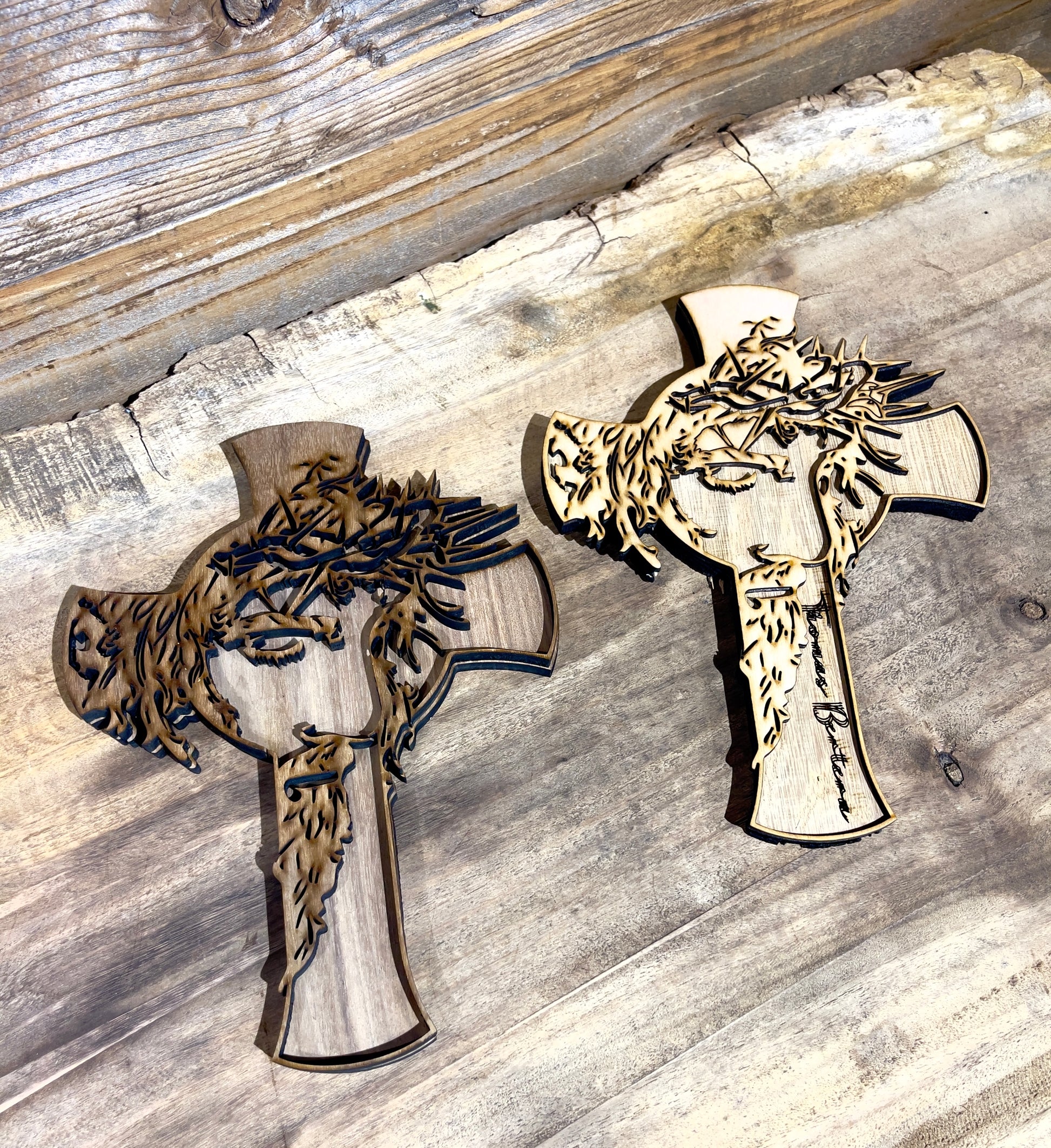 Custom cut Wood cross with Jesus face, free shipping and option to add name.