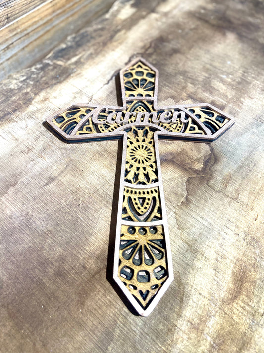 Custom cut 5 layer wood cross with name option, first communion, baptismal, birth, church, loss, religious celebration