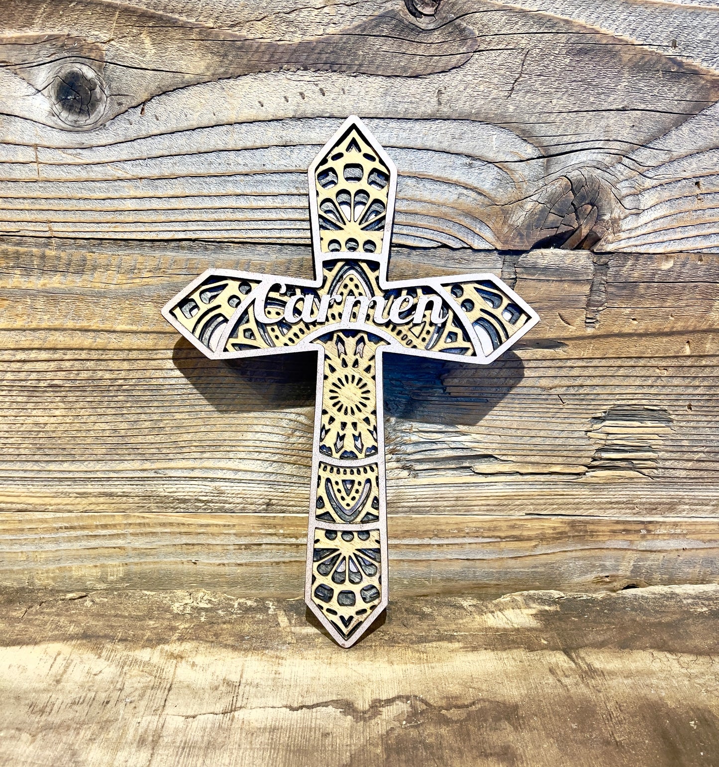 Custom cut 5 layer wood cross with name option, first communion, baptismal, birth, church, loss, religious celebration