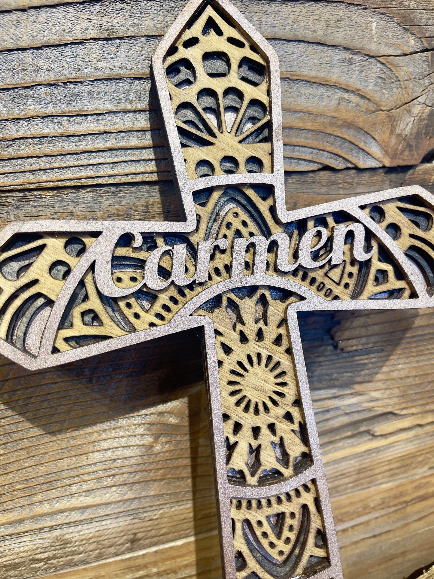 Custom cut 5 layer wood cross with name option, first communion, baptismal, birth, church, loss, religious celebration